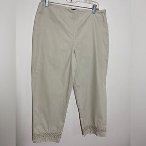 Talbots Size 10 Tan Khaki Cropped Capri Classic Side Zip Pant Embroidered Hem